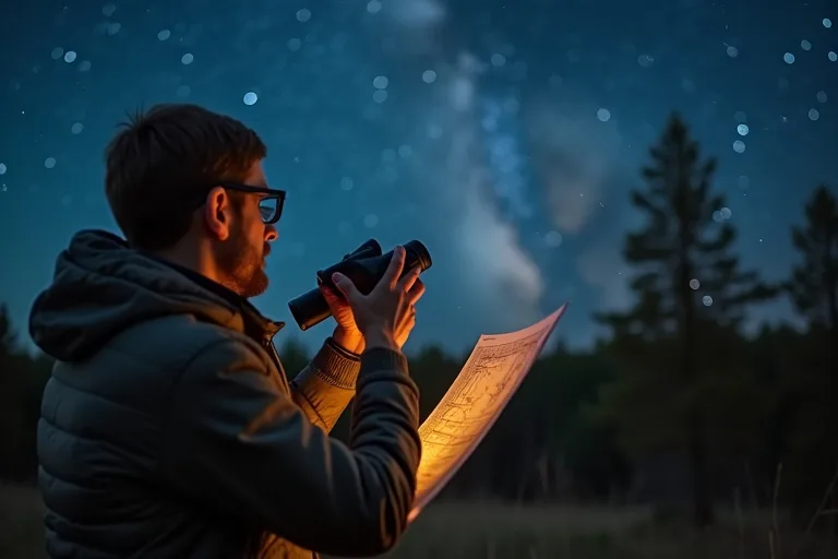 Enkel guide till stjärnbilder för nybörjare 3 Begynnande observatör som jämför himlen med en enkel planisfär på en mörk plats