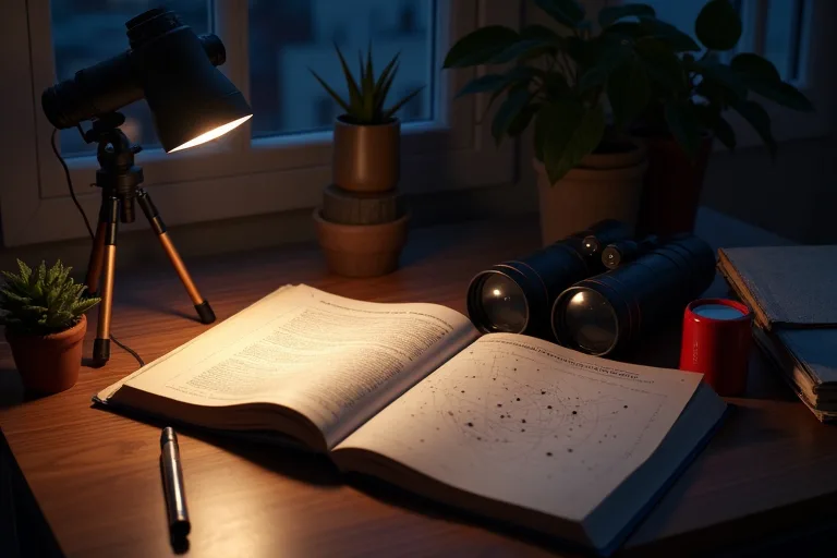 Astronomiböcker för nybörjare: vilka som hjälper mest i början 2 Astronomiböcker, stjärnkarta och röd ficklampa på ett bord i kvällsljus