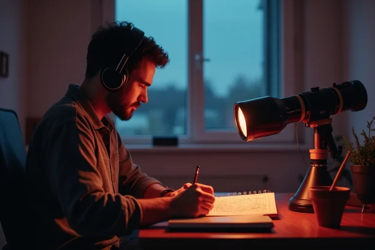 Så väljer du podcasts om rymden som passar dig 2 Rymdpodd spelas upp bredvid ett enkelt observationsblock och en stjärnkarta på ett bord