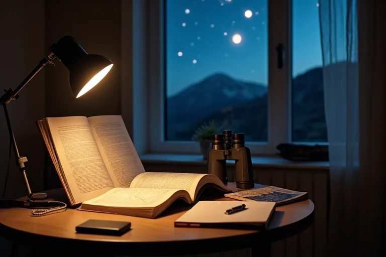 Hur väljer man astronomiböcker utan att göra det krångligt? 3 En person som jämför en stjärnkarta med anteckningar och en enkel kikare vid nattljus