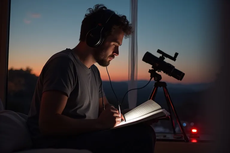 Så väljer du podcasts om rymden som passar dig 3 Person som lyssnar på ett avsnitt om rymden och bläddrar i ett enkelt astronomimaterial i lugn kvällsbelysning