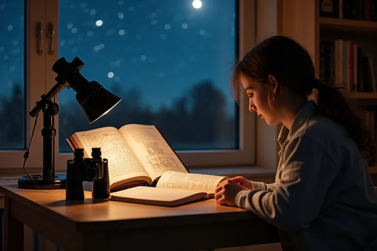 Hur väljer man astronomiböcker utan att göra det krångligt? 2 Närbild av öppna astronomiböcker och en enkel anteckningsbok på ett litet bord
