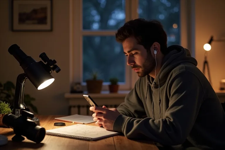 Podcasts om rymden för nybörjare: vilka som hjälper mest i början 4 En lugn hemmamiljö där någon planerar kvällens stjärnskådning med telefon och anteckningsbok