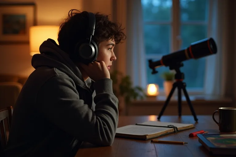 Person som lyssnar på rymdpodcast och jämför med en stjärnkarta vid ett litet teleskop