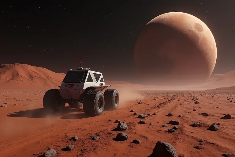 Hur Marsutforskning hänger ihop med större frågor inom astronomi 4 Marsforskningsmiljö med tydlig planet och rymdsond i realistisk stil