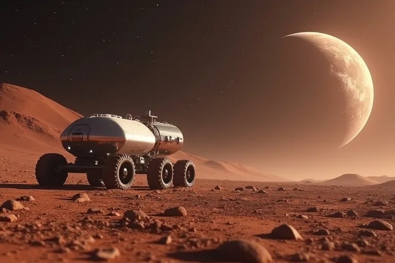 Hur Marsutforskning hänger ihop med större frågor inom astronomi 3 Vetenskaplig Marsmiljö med rymdfarkost och tydlig planetyta i bakgrunden