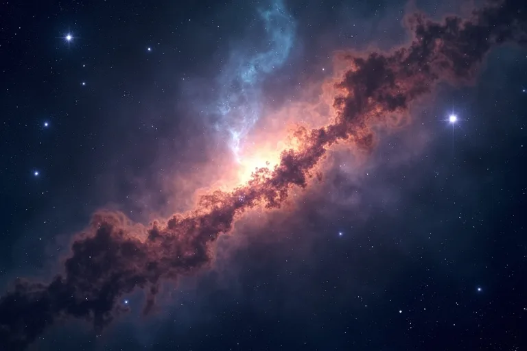 Färgrik nebulosa med stoftstråk och ljusa stjärnor runtom