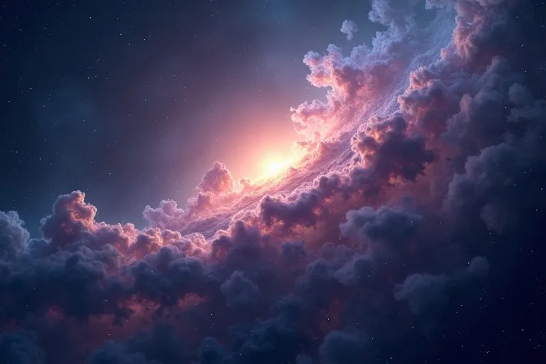 Närbild av en nebulosa med gas och stoft i mjuka färger