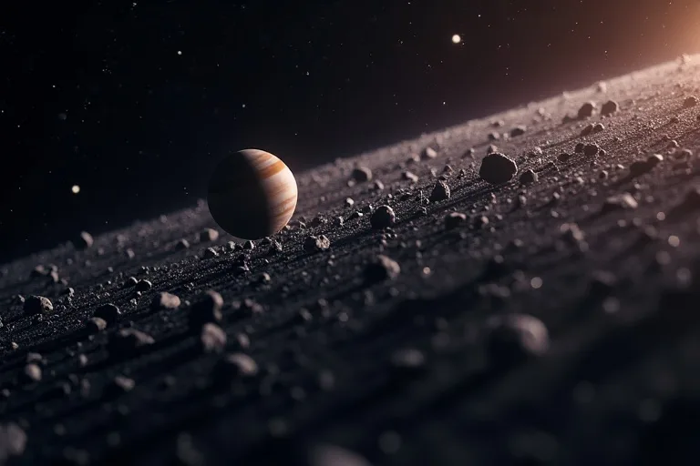 Närbild som visar små steniga asteroider i asteroidbältet