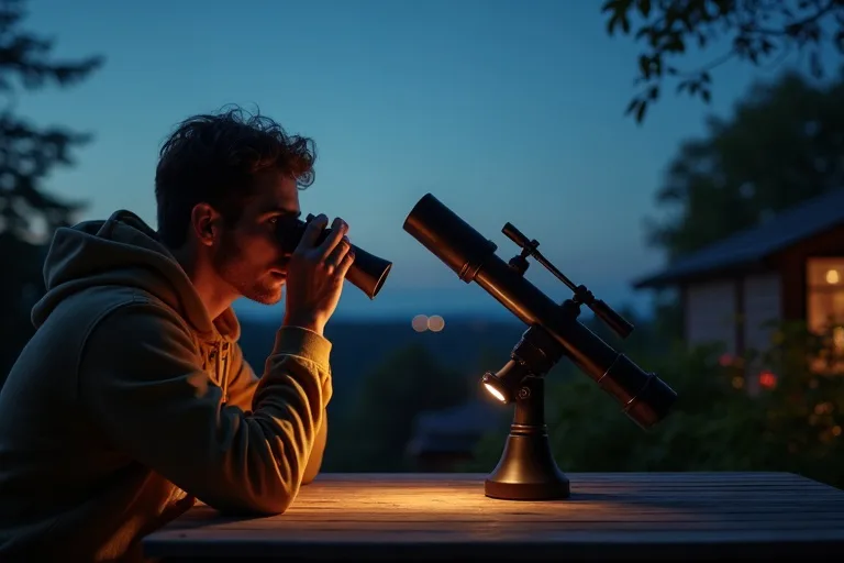 Enkel observationsplats i trädgård med kikare och liten röd ficklampa i skymningen