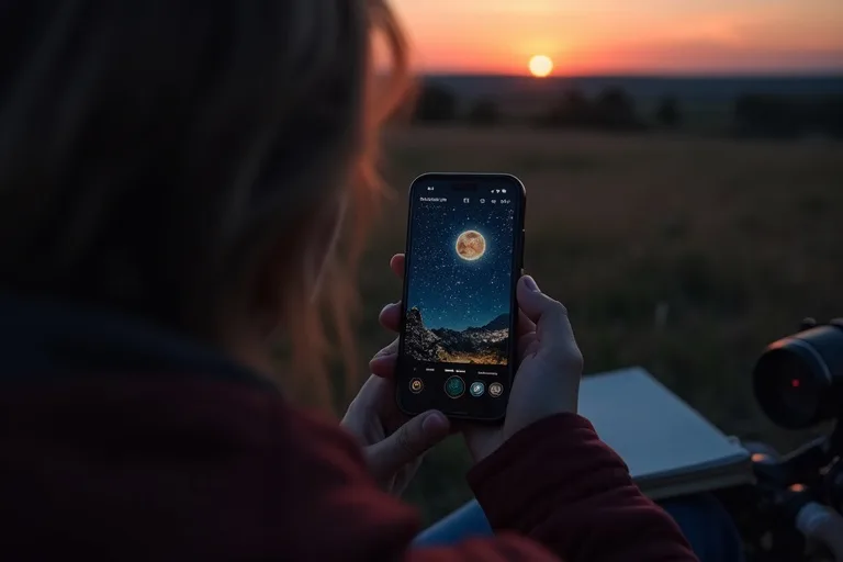 Så väljer du planetappar utan att krångla till det 2 Mobil med planetapp bredvid enkel anteckningsbok och kikare vid skymning