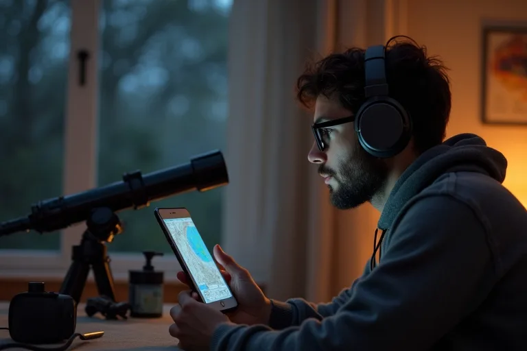 Podcasts om rymden för stjärnskådning hemma och ute 2 Bord med stjärnkarta, hörlurar och enkel utrustning inför stjärnskådning hemma