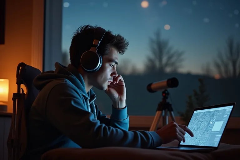 Podcasts om rymden för stjärnskådning hemma och ute 3 Nybörjare jämför podd och stjärnhimmel med liten kikare utomhus i skymning