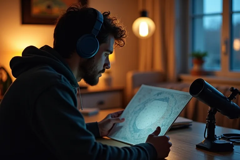 Stjärnkarta, hörlurar och anteckningar vid ett bord för enkel astronomi hemma