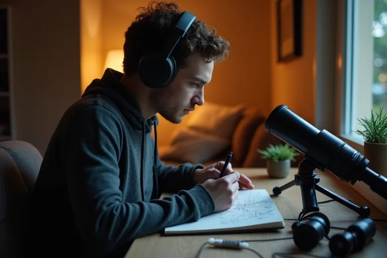 Nybörjare som antecknar efter att ha lyssnat på en podcast om rymden