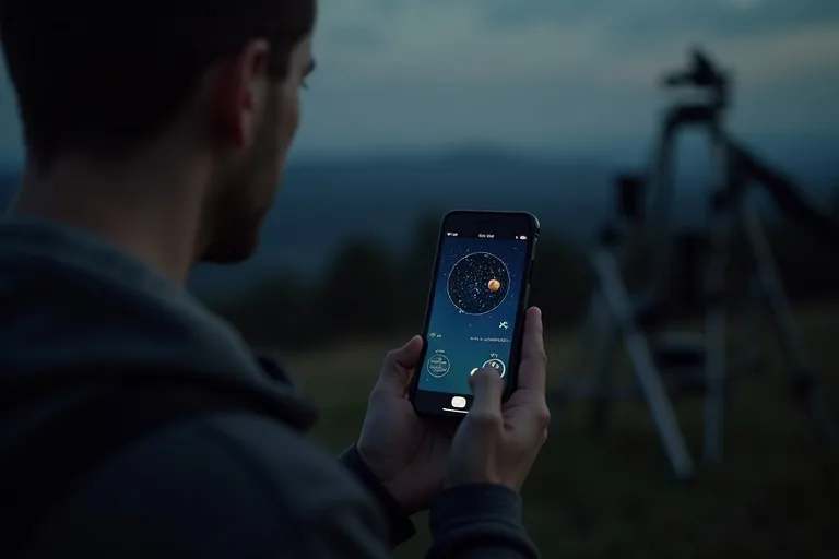 Enkel nattlig observationsplats med telefon och grundläggande utrustning för stjärnskådning