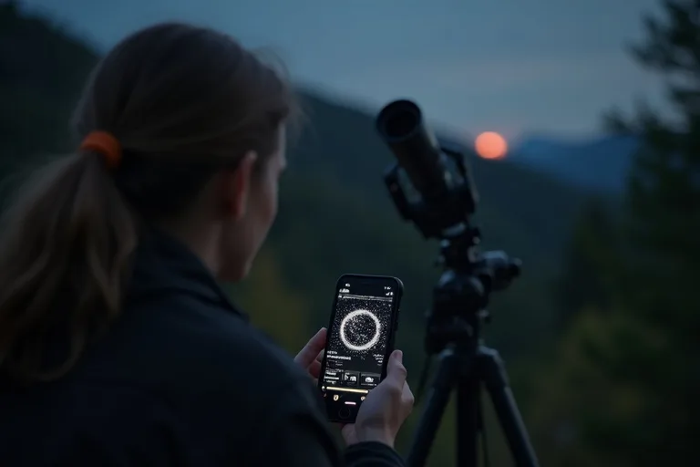 Nybörjare som använder planetapp utomhus med enkel orientering mot himlen
