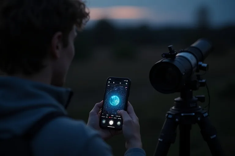 En nybörjare utomhus med mobil som visar en planetapp vid den mörka himlen