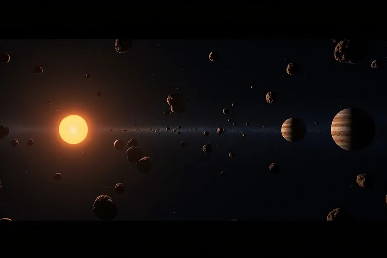 Närbild av flera små steniga objekt i asteroidbältet