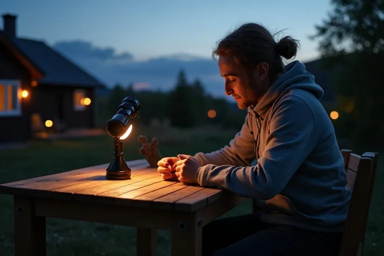 Astronomikikare och enkel utrustning på ett träbord i kvällsljus