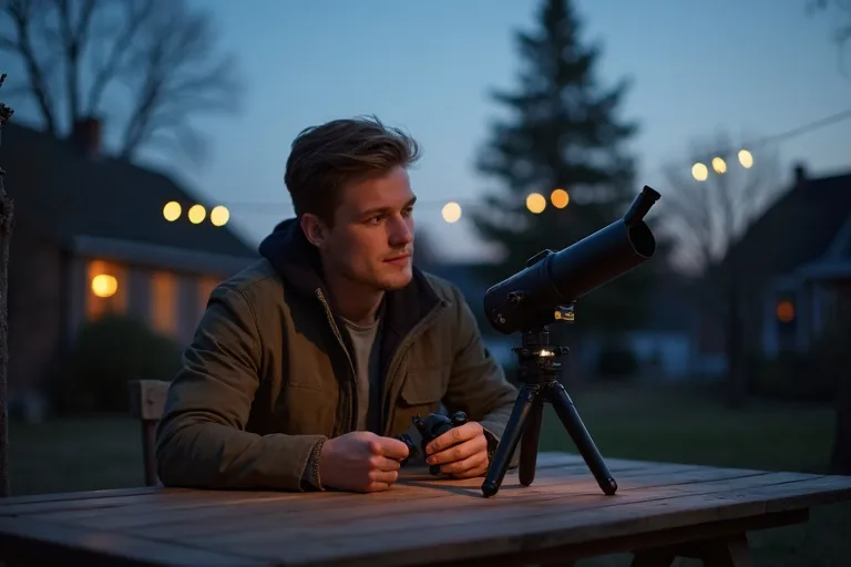 En person provar astronomikikare vid ett träbord i skymningsljus