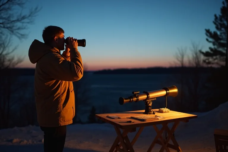 Kikare och enkel utrustning för stjärnskådning på ett trädgårdsbord vid skymning