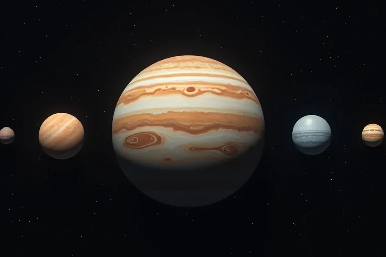 Jupiter placerad tillsammans med de andra planeterna för att visa solsystemets skala