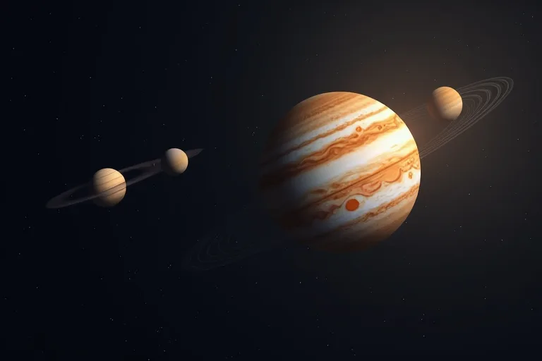 Jupiter mot mörk rymdbakgrund som visar planetens tydliga storlek och form