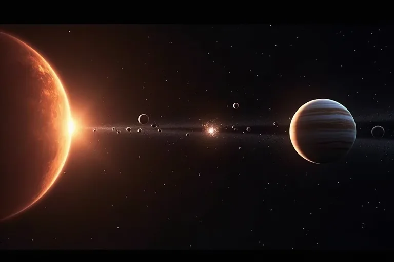 Asteroidbältet markerat mellan Mars och Jupiter i en lugn rymdscen