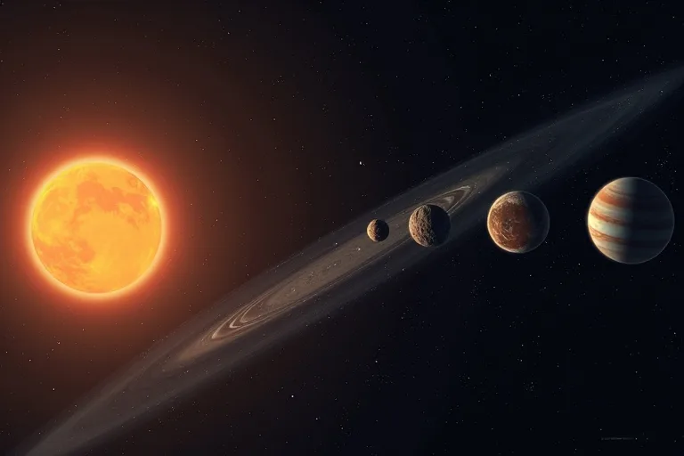 Asteroidbältet visat som ett glest område mellan Mars och Jupiter