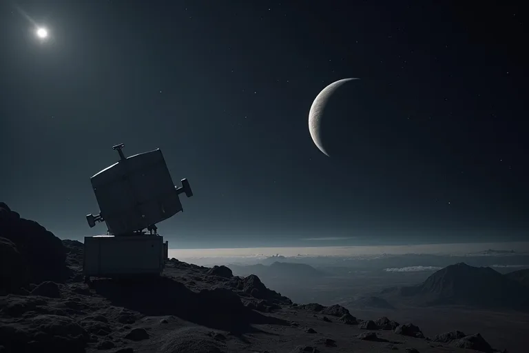 Rymdteleskop riktat mot ett stjärnsystem med en svag exoplanet i bakgrunden