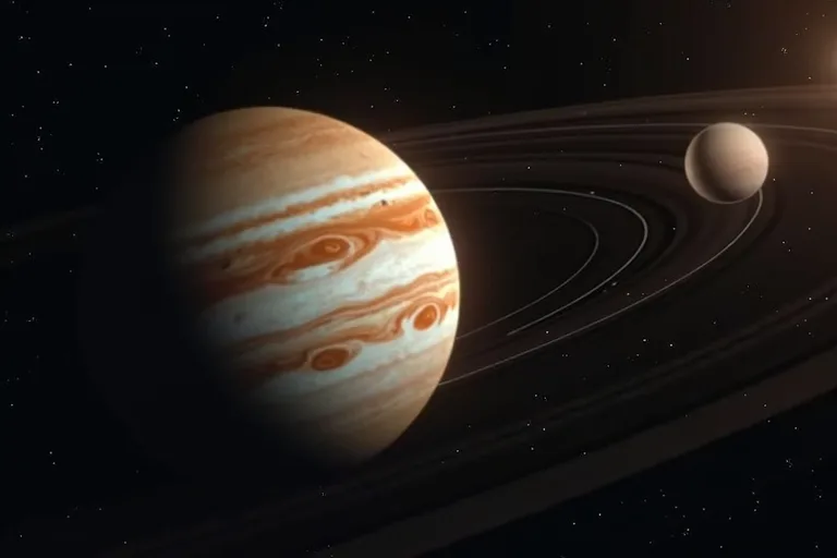 Jupiter placerad i relation till andra banor i solsystemet i en ren och realistisk illustration