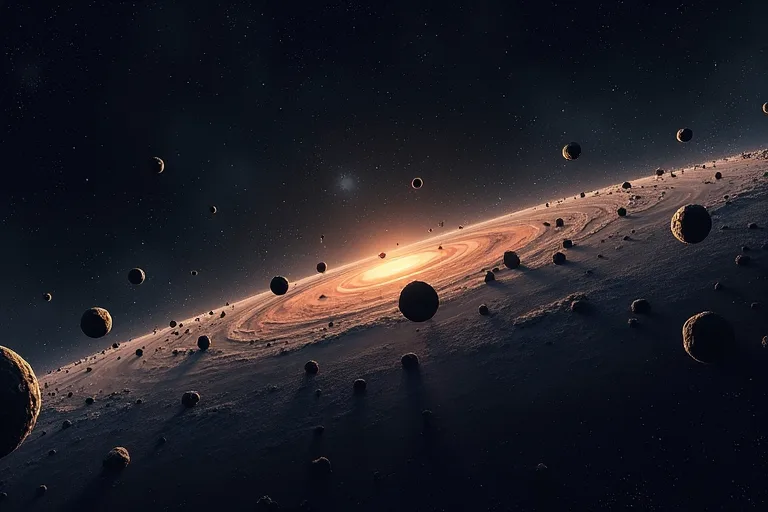 Översikt av asteroidbältet med planeterna Mars och Jupiter i bakgrunden