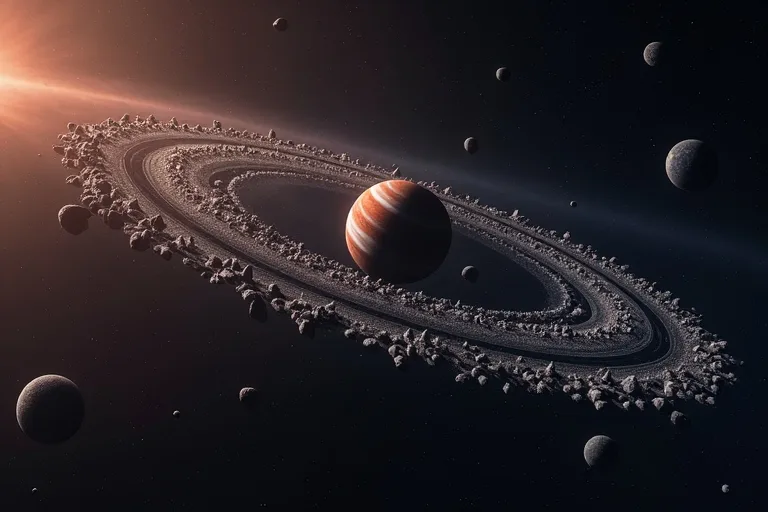 Asteroidbältets läge i solsystemet med solen och planeterna för skala