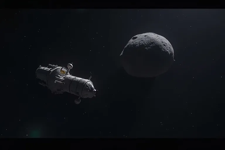 Vetenskaplig rymdsond nära en liten asteroid i svagt ljus