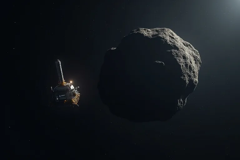 Närodlad vy av rymdfarkost och asteroid i mörk rymdmiljö