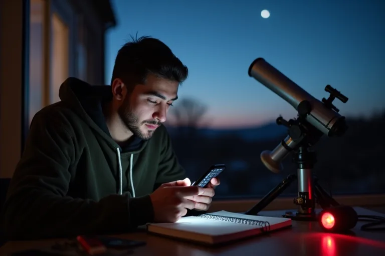 Små teleskop och mobil vid förberedelser inför en stjärnskådningskväll hemma vid skymning