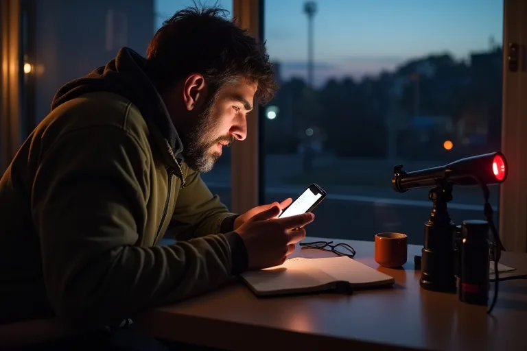 Väderapp i mobil som används inför en observationskväll med liten lampa och anteckningar bredvid