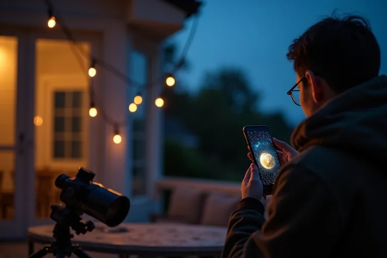 Planetappar för stjärnskådning hemma och ute 3 Nybörjare använder mobilapp ute under en mörk kvällshimmel med enkla observationsprylar nära sig