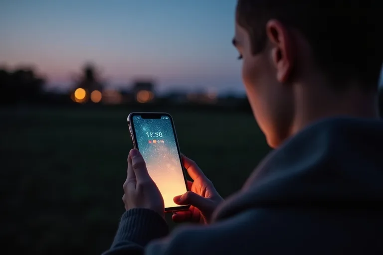 En person jämför planetappen med den kvällsmörka himlen utomhus