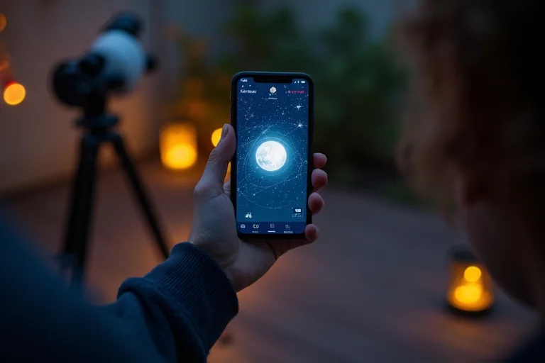 Planetappar för stjärnskådning hemma och ute 4 Telefon med planetapp bredvid en röd ficklampa och enkel observationsutrustning på kvällen