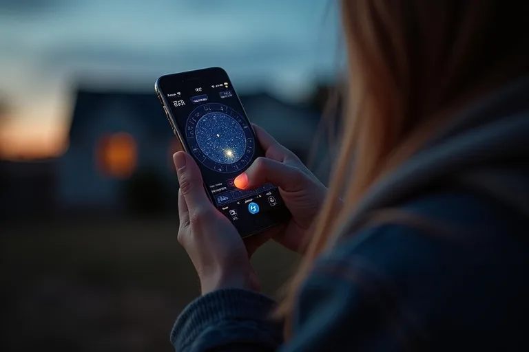 En nybörjare använder en planetapp på mobilen utomhus i skymningen