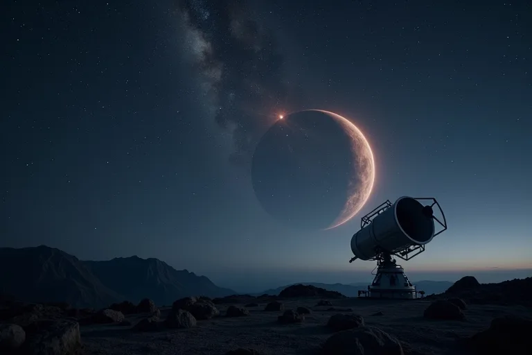 Mörk natthimmel med observatorium som symboliserar forskning om andra planetsystem