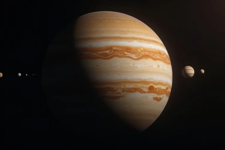 Jupiter med bandad atmosfär och mindre planeter i bakgrunden