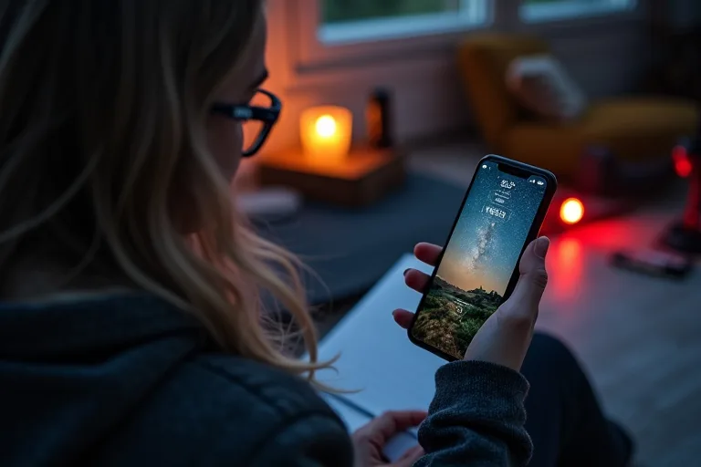 Stjärnskådare med mobil, anteckningsbok och liten stjärnkarta vid planering av kvällens observation