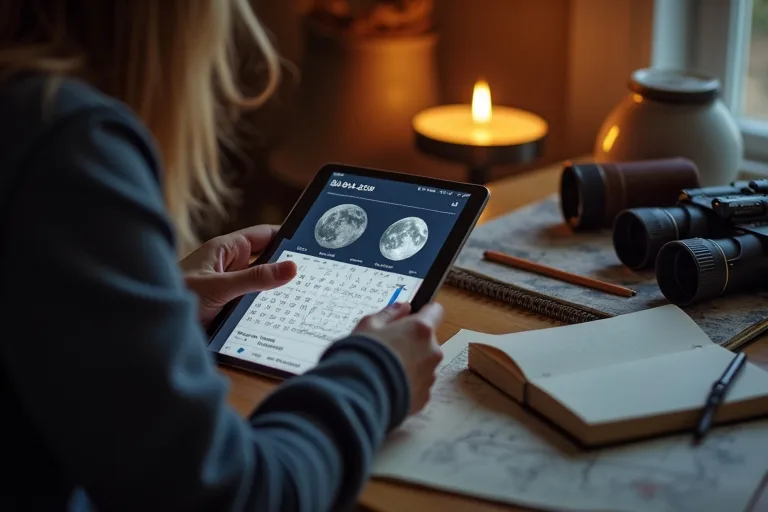 En enkel månkalender bredvid en anteckningsbok och ett par kikare i dämpat ljus